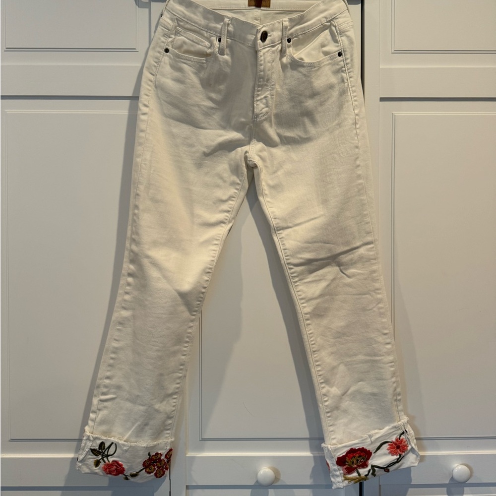 Driftwood white jeans with flower patchwork on ankles